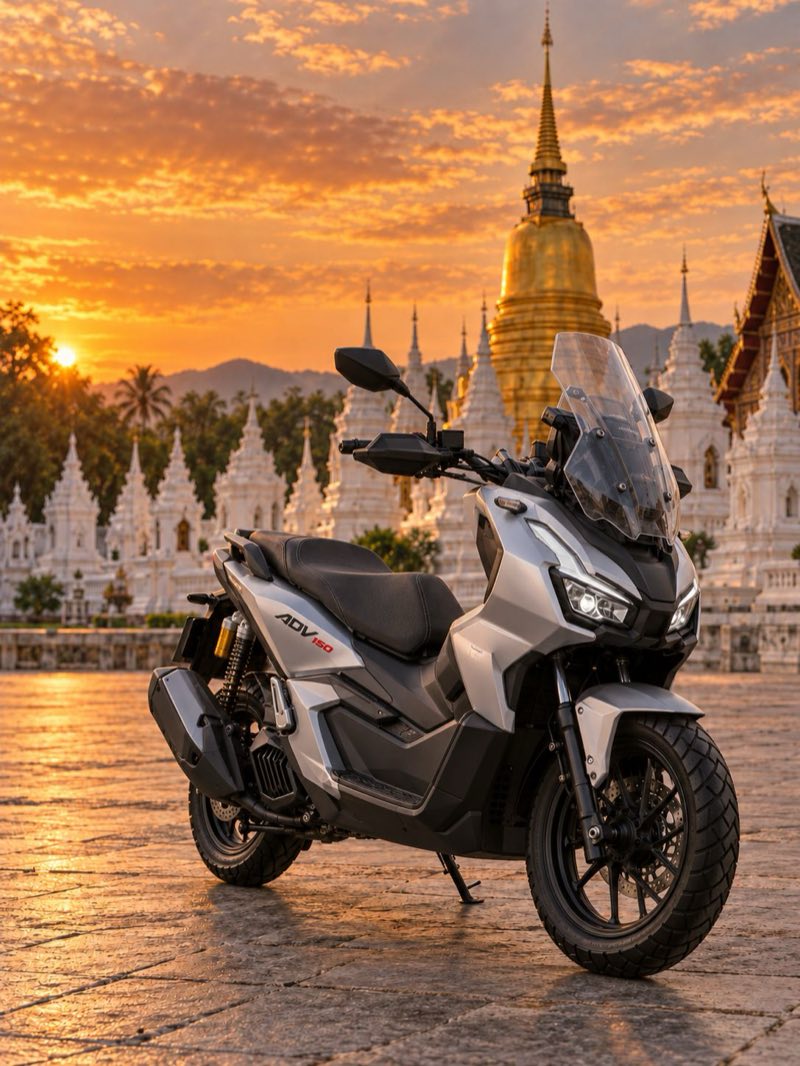 Silver 2022 Honda ADV 150 scooter for monthly rental from RideMate Chiang Mai, parked in front of Wat Suan Dok temple