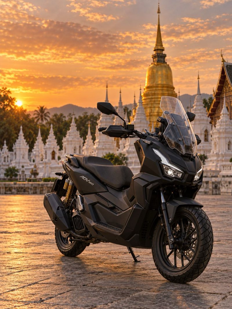 Black 2024 Honda ADV 160 scooter for monthly rental from RideMate Chiang Mai, parked in front of Wat Suan Dok temple