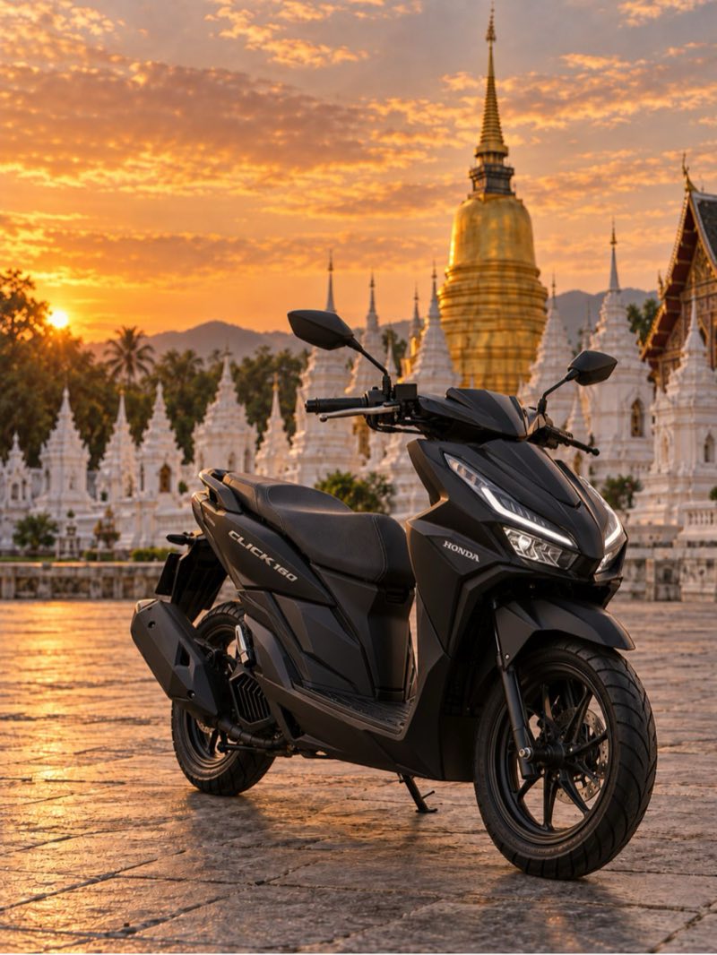 Black 2025 Honda Click 160 scooter for monthly rental from RideMate Chiang Mai, parked in front of Wat Suan Dok temple